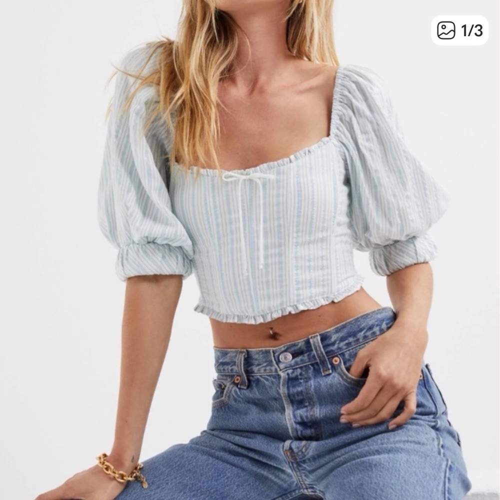 For Love And Lemons Leslie Metallic Blue Striped Corset Crop Top